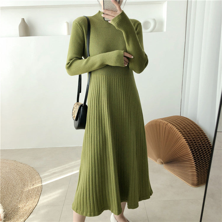 Half Turtleneck Base Ride A- Line Woolen Skirt Women