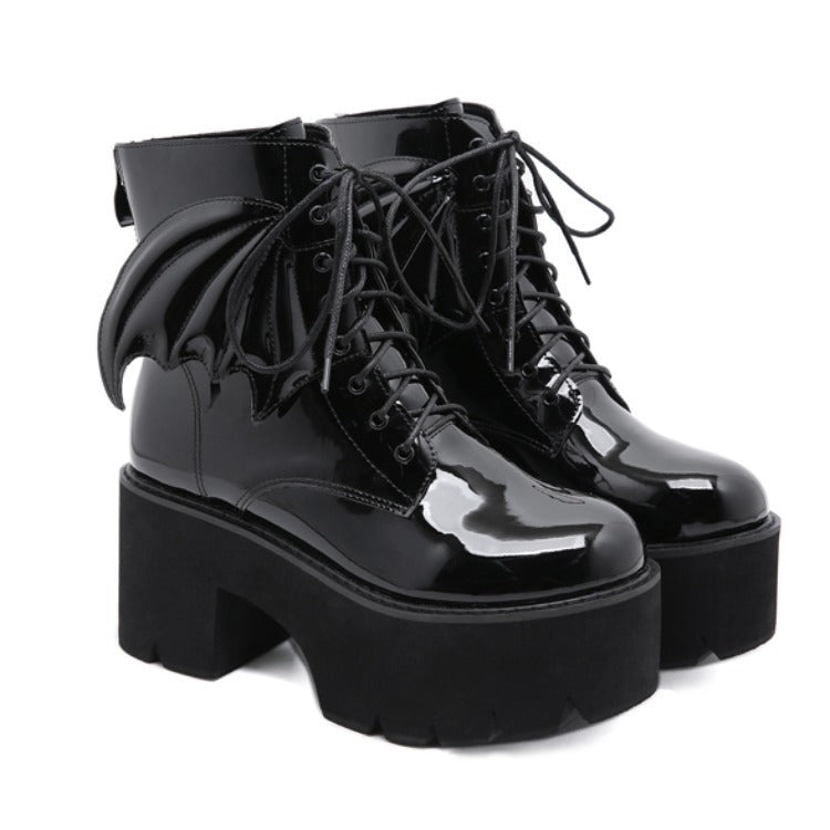 Goth Ankle Boots High Heels Patent Leather Womens Shoes on Platform