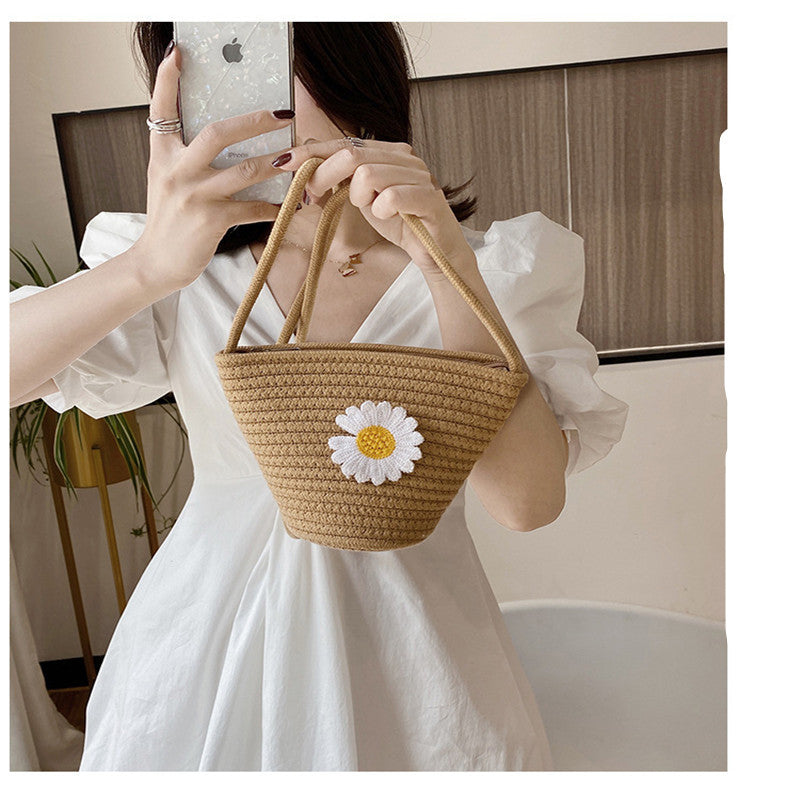 Super Fire Little Daisy Woven Bucket Bag Mori Girl One Shoulder