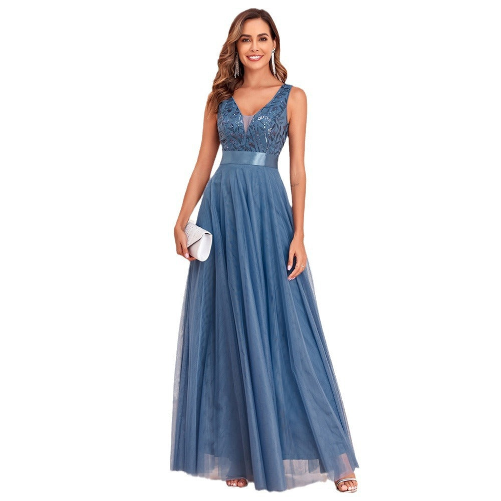 Patchwork Stretch Waist Sleeveless Double V-neck Evening Dress