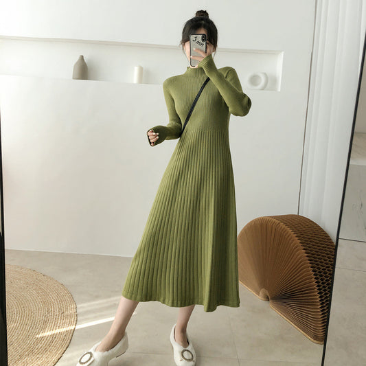 Half Turtleneck Base Ride A- Line Woolen Skirt Women