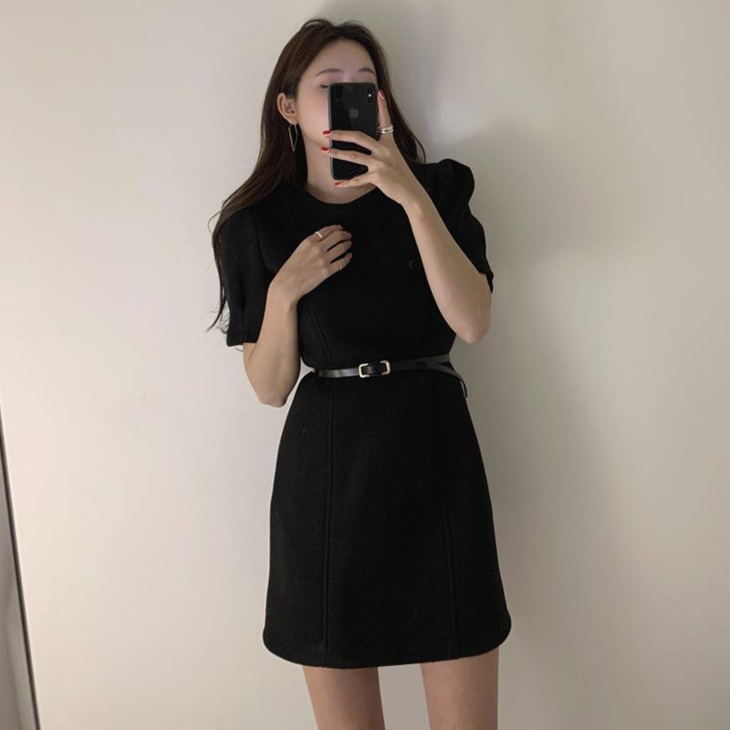 Women's Fashionable French Style Retro Crew Neck Waist Dress