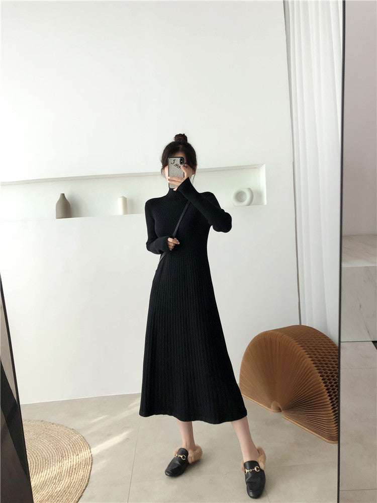 Half Turtleneck Base Ride A- Line Woolen Skirt Women