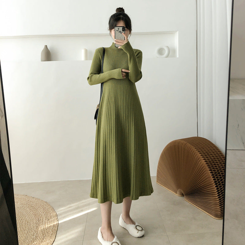 Half Turtleneck Base Ride A- Line Woolen Skirt Women