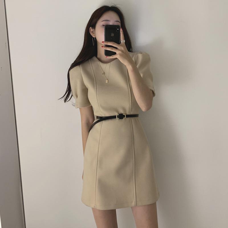 Women's Fashionable French Style Retro Crew Neck Waist Dress