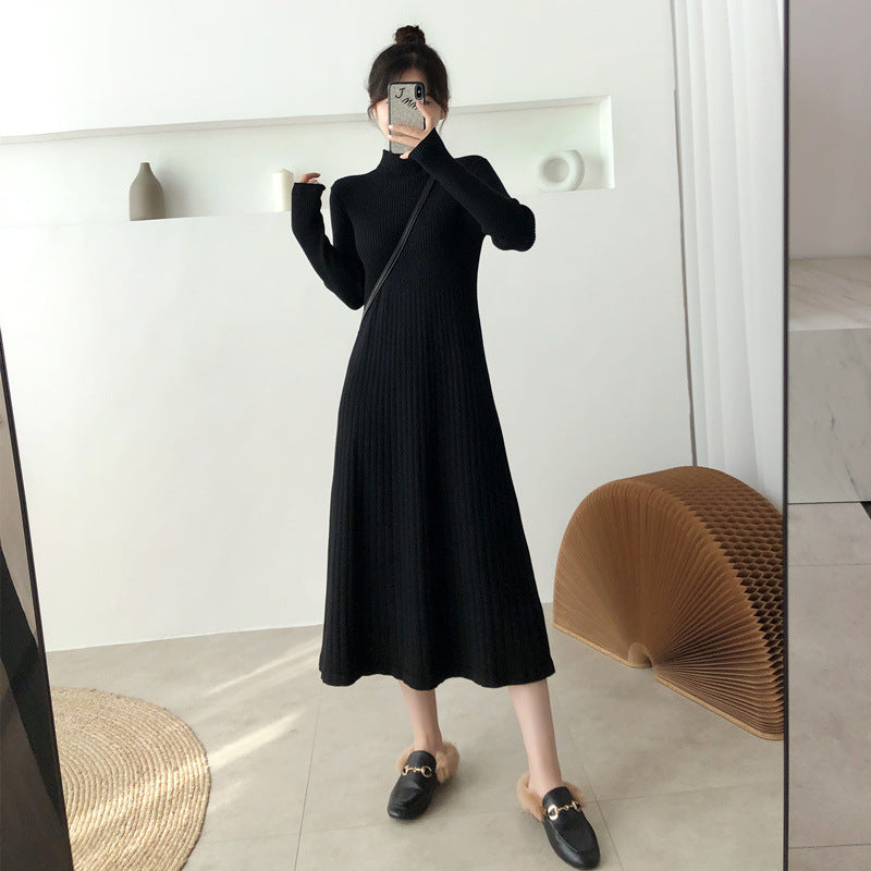 Half Turtleneck Base Ride A- Line Woolen Skirt Women