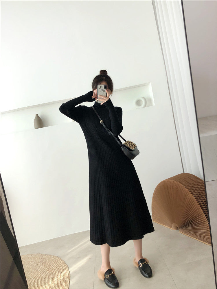 Half Turtleneck Base Ride A- Line Woolen Skirt Women