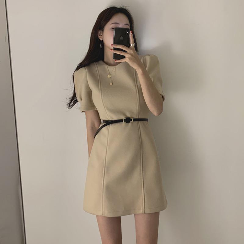 Women's Fashionable French Style Retro Crew Neck Waist Dress