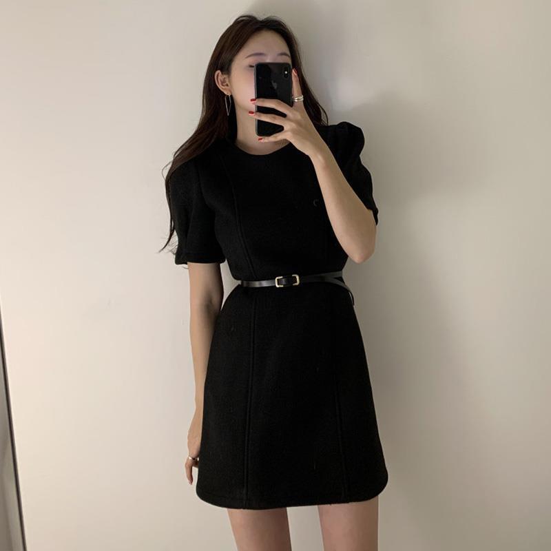 Women's Fashionable French Style Retro Crew Neck Waist Dress