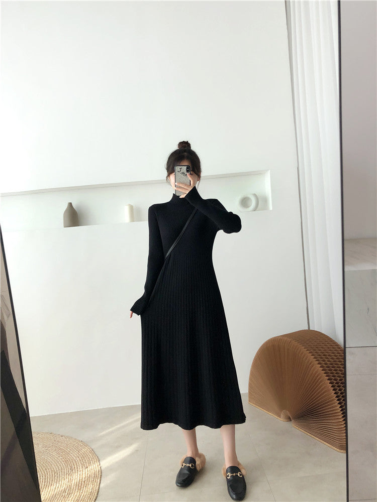 Half Turtleneck Base Ride A- Line Woolen Skirt Women