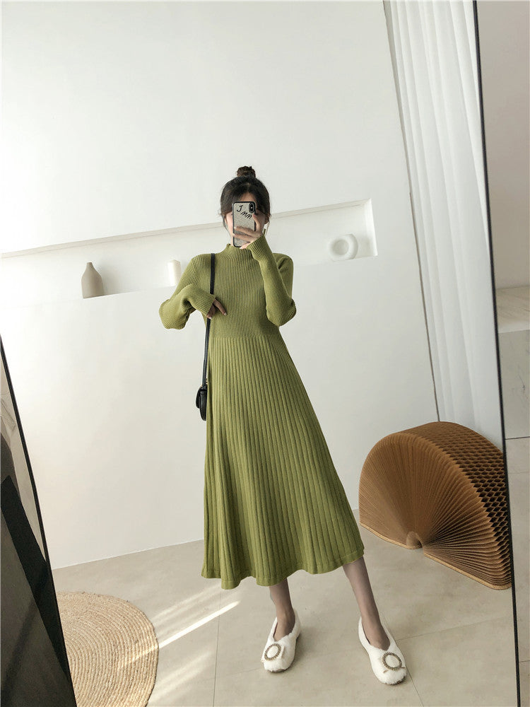 Half Turtleneck Base Ride A- Line Woolen Skirt Women